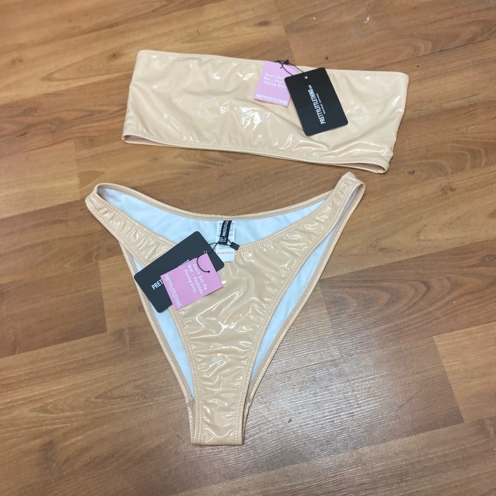 Nude Holographic High Top Bikini Bottom and Bandeau Top Sz 14